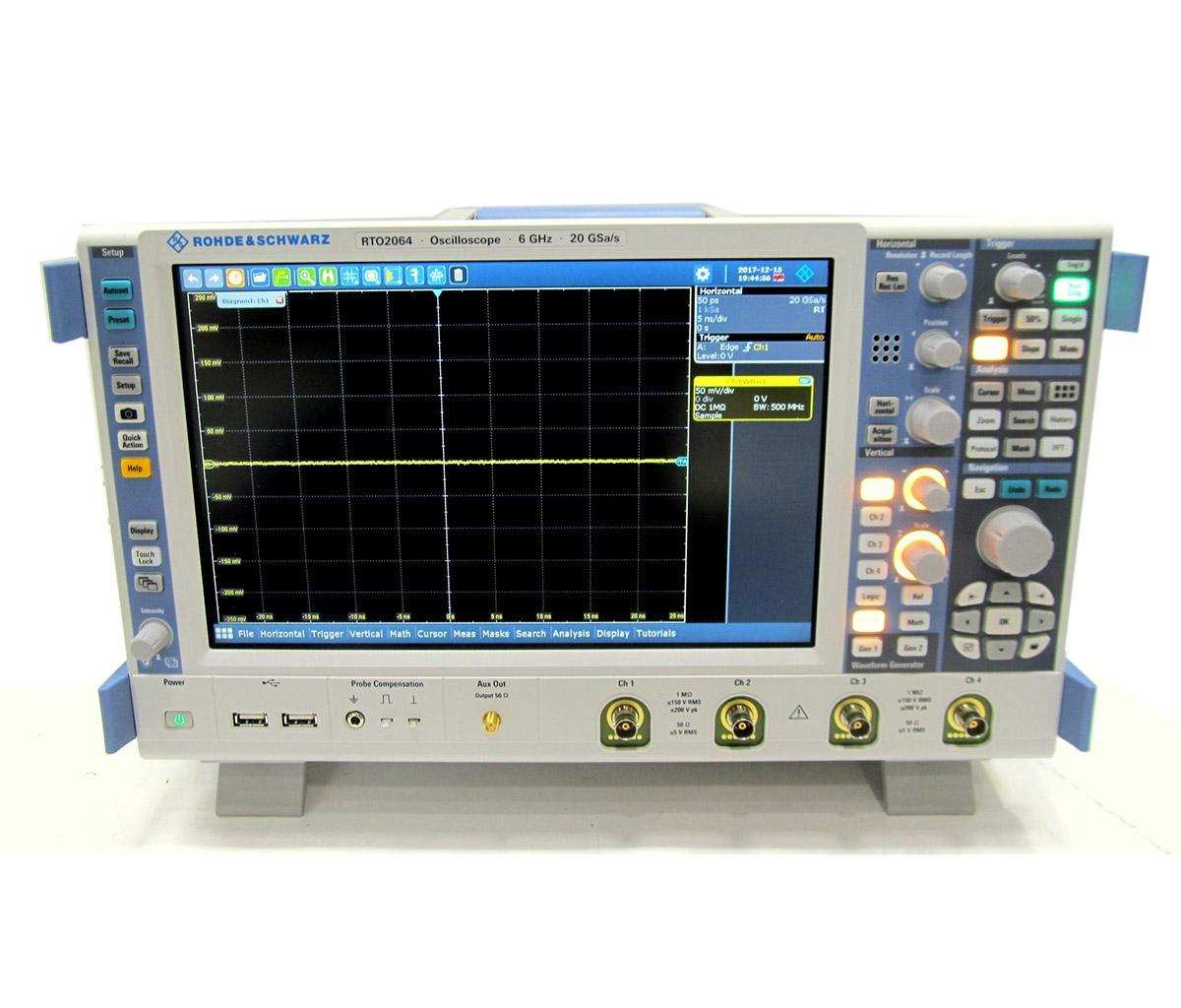 Rohde & Schwarz RTO2064 Digital oscilloscope, 4 channels, 6GHz bandwidth (2 channels), 4GHz (4 channels), sampling rate 20GSa/s per channel, sampling memory 50MSa per chann